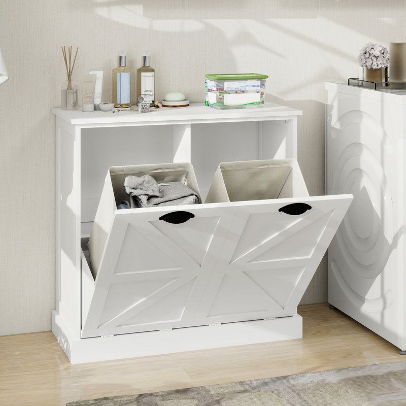 Trieur de linge inclinable - Blanc. Conception élégante de l'armoire. Sacs en tissu amovibles pour le tri. E1, enduit. Stable et imperméable. Surface. Caractéristique. Assemblage requis. Capacité de charge de 100 livres