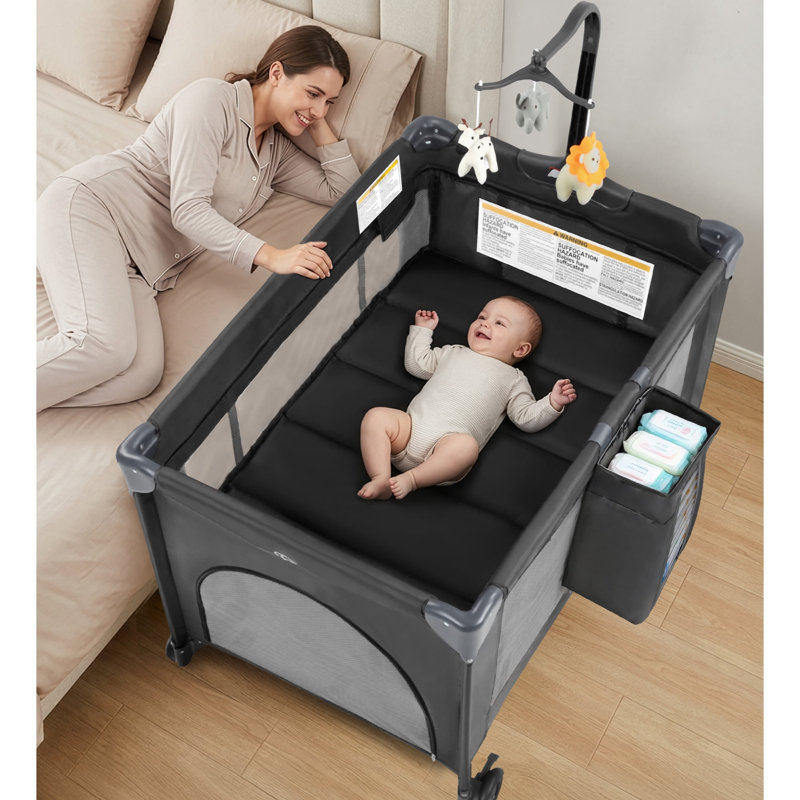 Parc pour bébé 3 en 1 avec berceau, barre à jouets et sac à dos pliable, portable