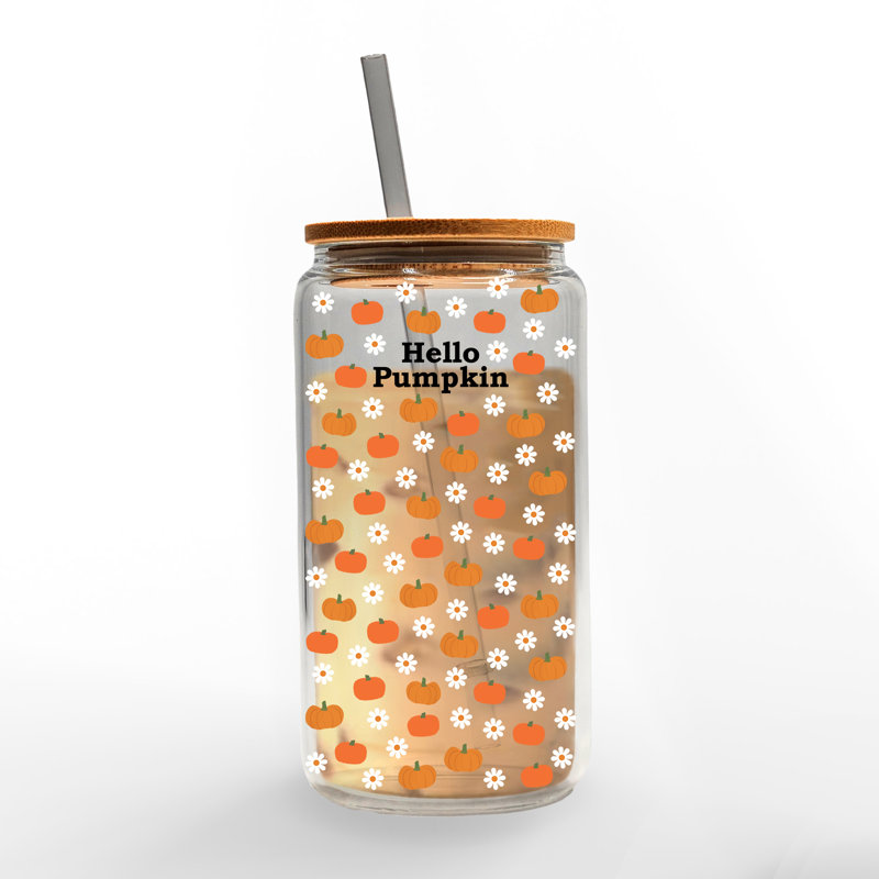 Tasse en verre avec couvercle et paille Hello