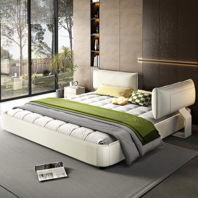 Chenille Cloud Bed Frame With Thickened, Movable Headboard, Beige