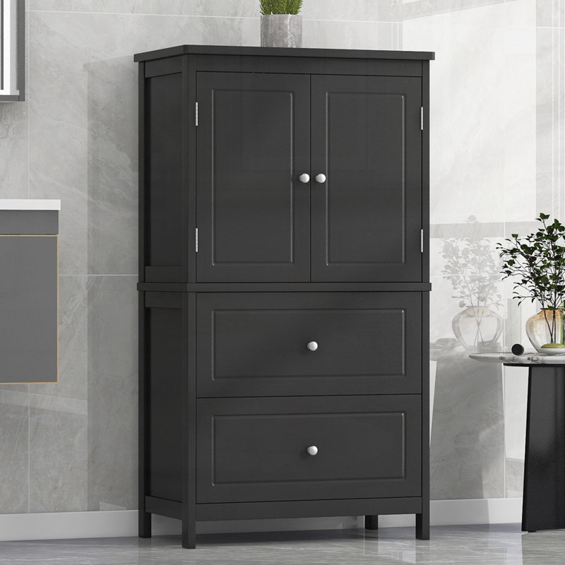 Armoire de rangement pour salle de bain avec deux portes et tiroirs, tablette réglable, Noir