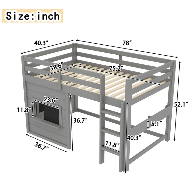 Lit mezzanine pour enfants avec tableau coulissant, gris, Simple