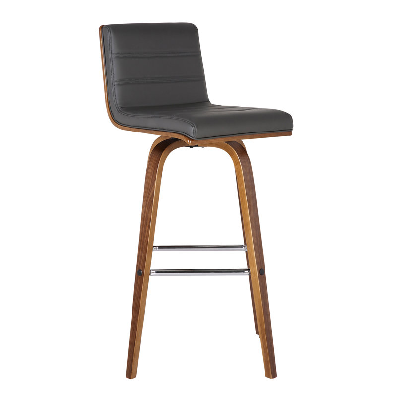 Aluin Mid-century Modern Swivel Counter or Bar Height Bar Stool in Faux Leather and Wood, Grey, 66cm, Walnut