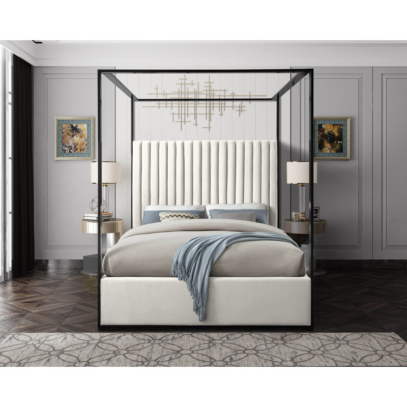 Tessa Upholstered Metal Canopy Bed, Cream Velvet, Queen
