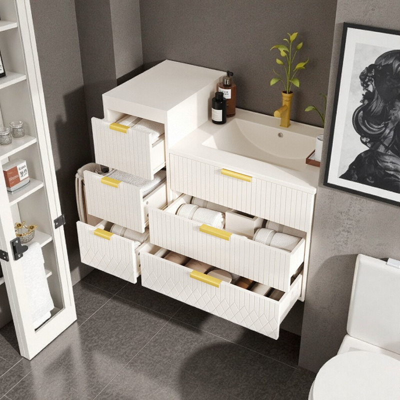 Ensemble de meuble-lavabo mural 24 po avec lavabo flottant en céramique et robinet de rangement latéral non inclus, Blanc
