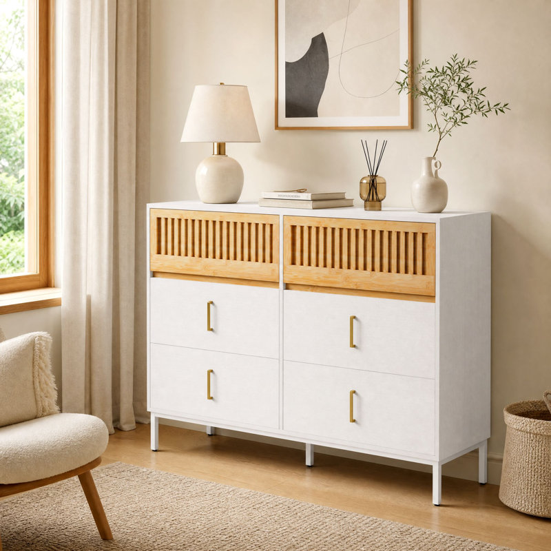 Cejas 46.3" W 6-Drawer Bamboo Double Dresser, White