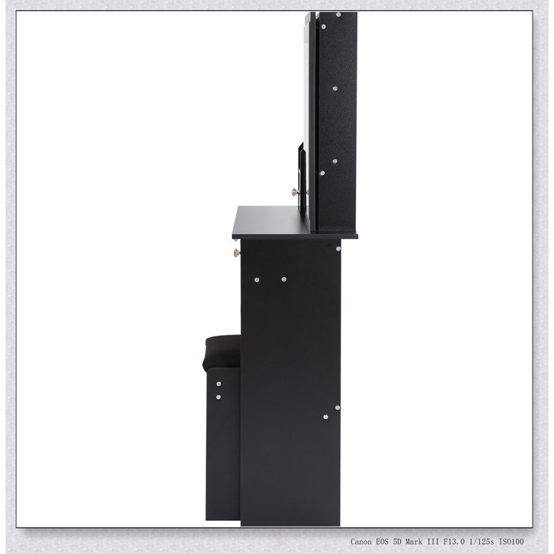 Compact Vanity Table With Extra Large Sliding Mirror, Multi-Layer Storage, And Cushioned Stool For Small Spaces, Black