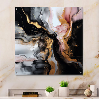 «Black Gold Marble Splash I», art mural acrylique abstrait en marbre