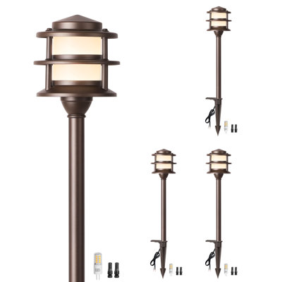 3-Tier Pagoda Low Voltage Pathway Lights with Bulb 4-Pack, ORB Aluminum with Frosted Glass Shadefor Yard Garden