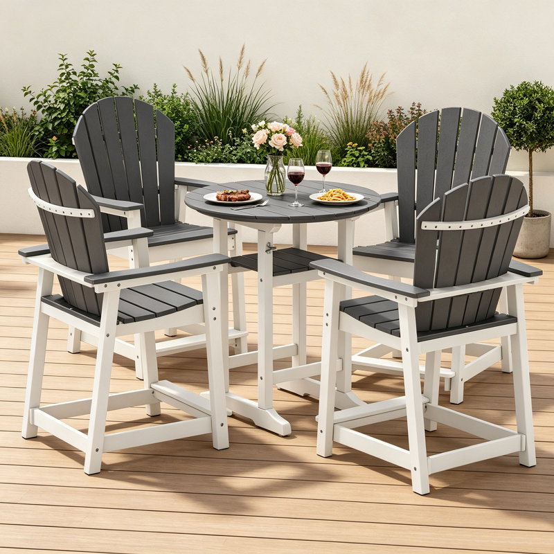 5-Piece Outdoor HDPE Bar Set, Patio Adirondack Chairs With 31.5" Round Table, White/Gray