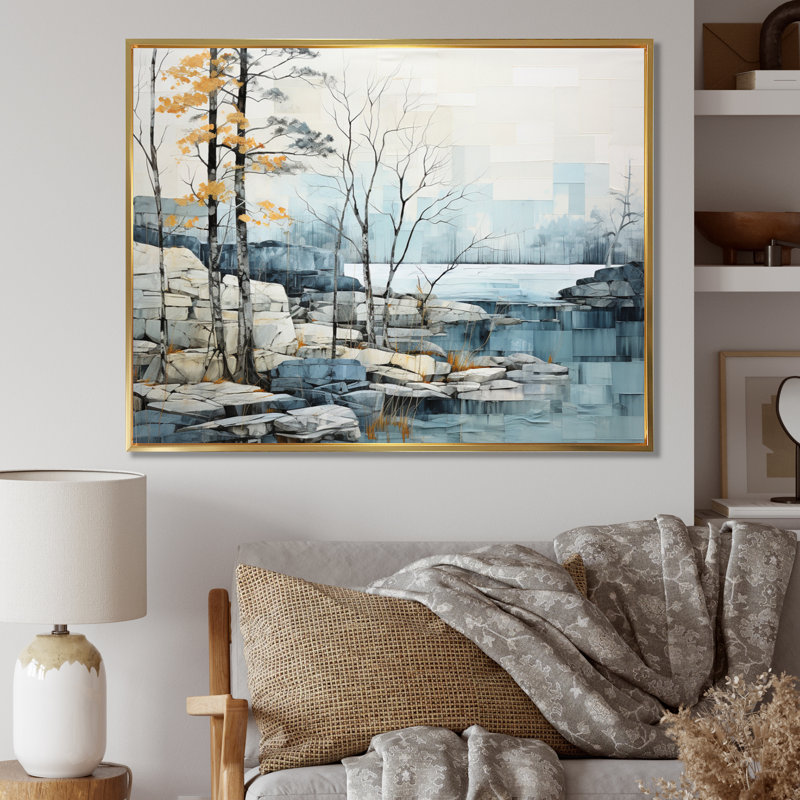 " River Silent Meditation With Rocks ", 12" H x 20" W x 1" D, Gold Floater Framed