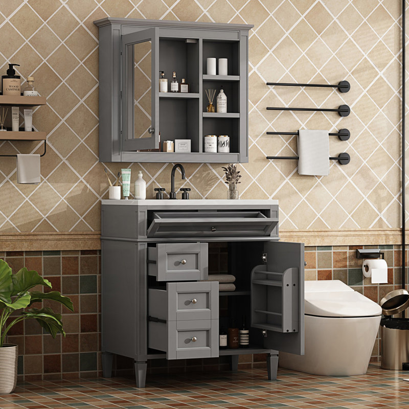Ensemble de meuble-lavabo autoportant avec armoire-miroir, meuble-lavabo avec lavabo, armoire de rangement moderne avec 2 tiroirs