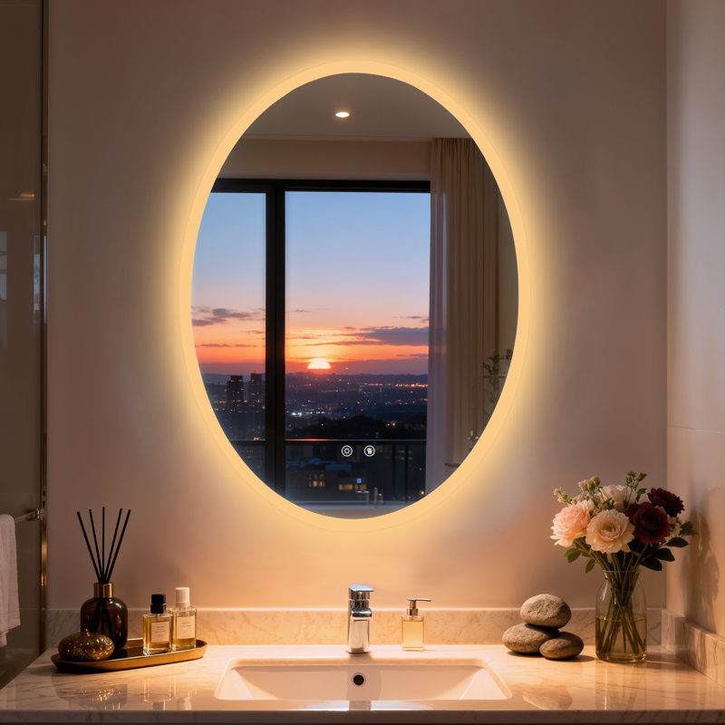 Oval LED Lighted Bathroom Mirror Backlit with Defog Memory Function , 50x70cm