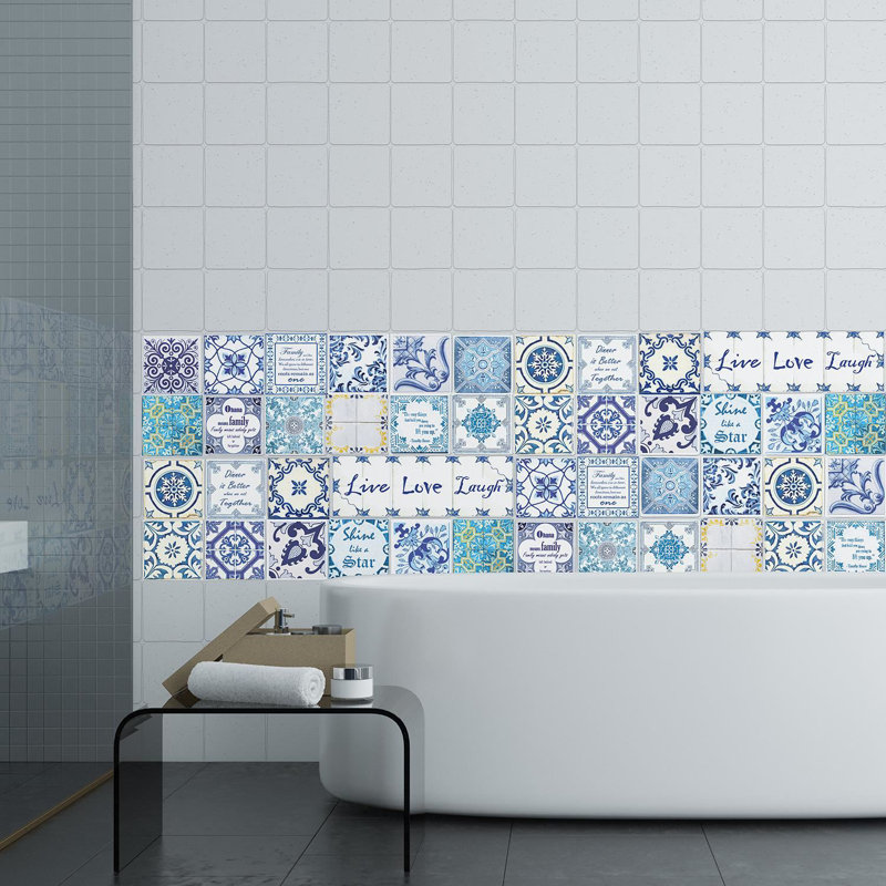 English Quote Vintage Blue PVC Peel & Stick Mosaic Tile Sticker