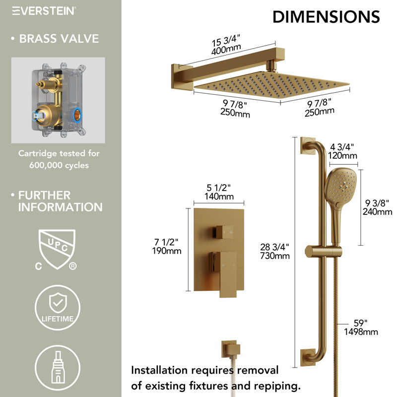  Pressure-Balanced Shower System ,10-Inch Rainfall Shower Faucet with 3-Function Handheld Shower, Brushed Gold