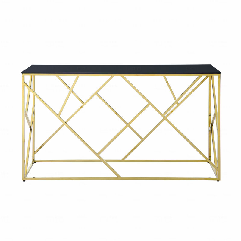 Console moderne en verre avec structure en métal doré et plateau en verre trempé noir pour une utilisation polyvalente à la maison