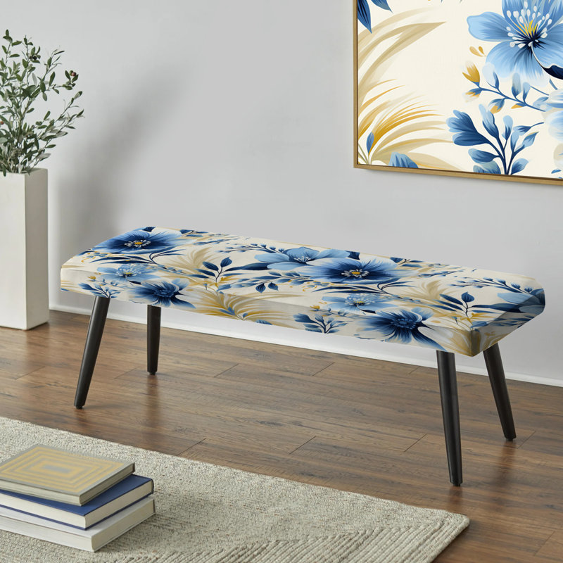 Blue and White Flowers Retreat III - Banc rembourré floral noir