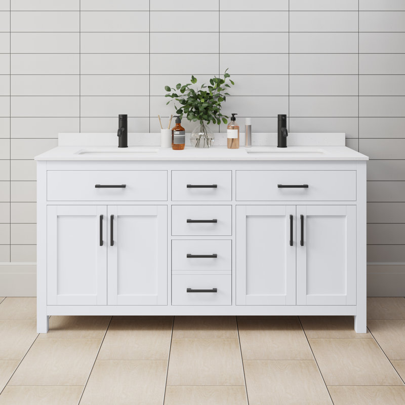 Beckett 66" Freestanding Double Bathroom Vanity with Cultured Marble Top, Matte Black, White, White Cultured Marble