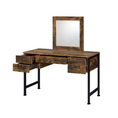 Raney Rustic Vanity With 4 Storage Drawers, Black Metal Frame, 18"L X 18"H Mirror, Side Glide Drawer Advantage Of Oak And Design, Ideal For Makeup Lovers