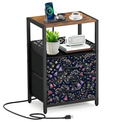 Table de chevet 2 tiroirs en tissu avec station de charge Jardin de fleurs foncé foncé blanc mauve vert Wildflowers