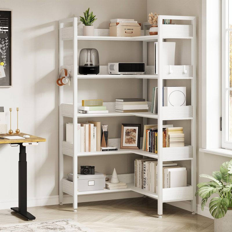 Corner Bookshelf, 5-Tier L-Shaped Industrial Bookcase, Convertible Storage Display Shelf for Living Room or Office, White