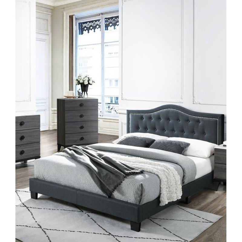 European Design 1Pc Full Bed Button Tufted Headboard Charcoal Finish Bedroom Furnish, Charcoal, Full