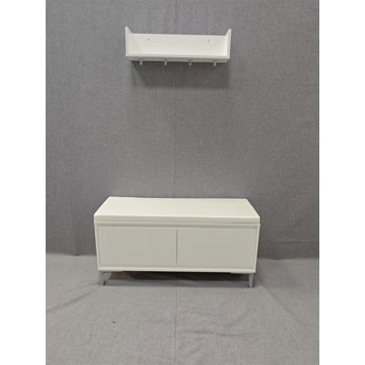 Wall-Mounted Entryway Shelf With Hooks And Storage Bench Set, Modern White Shoe Cabinet With Cushion And Closed Storage For Hallway, Bedroom, Or Mudroom