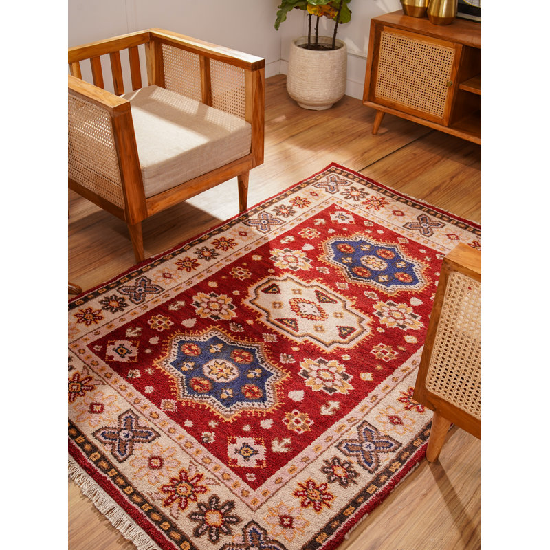 Tapis d'intérieur rectangulaire oriental en soie et laine crème et rouge, noué à la main, fait main