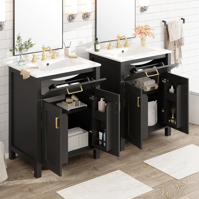 Meuble-lavabo autoportant de 48 pouces avec deux lavabos en céramique, charnières à fermeture en douceur, tiroir rabattable dissimulé et finition de qualité