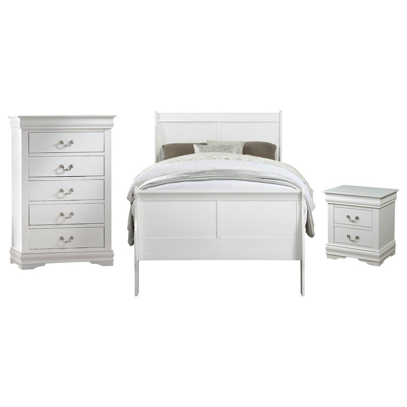 Ensemble de chambre à coucher Engstrom, Blanc, Double, 5 pièces : lit, commode, miroir, table de chevet