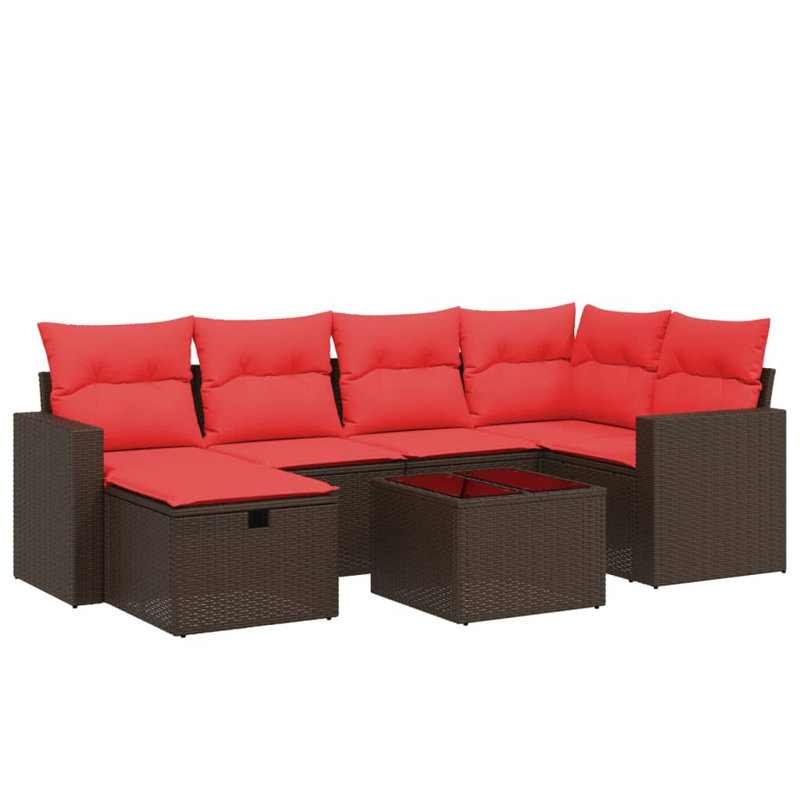 Ensemble de canapé de patio 7 pièces avec coussins en rotin de polyester, Rouge, Brun