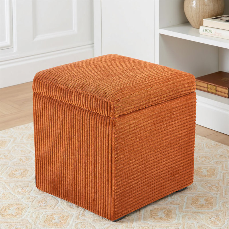 Corduroy Cube Ottoman Foot Rest With Hidden Storage – Small Square Storage Ottoman Bench For Bedroom Or Living Room, Orange