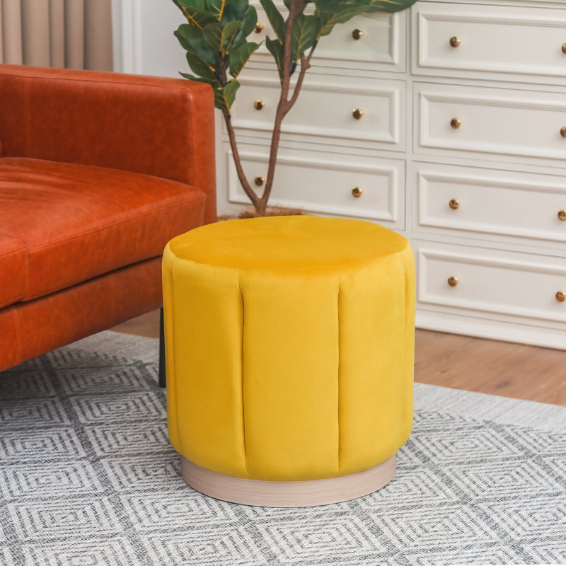 Round Upholstered Ottoman Stool, Yellow Polyester
