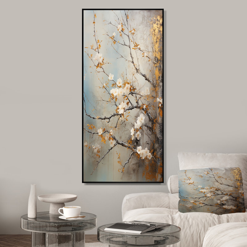 Oiseaux blancs sur un arbre floral I - oiseau, art mural, Cadre flottant noir, H 60 po x l 28 po x P 1,5 po
