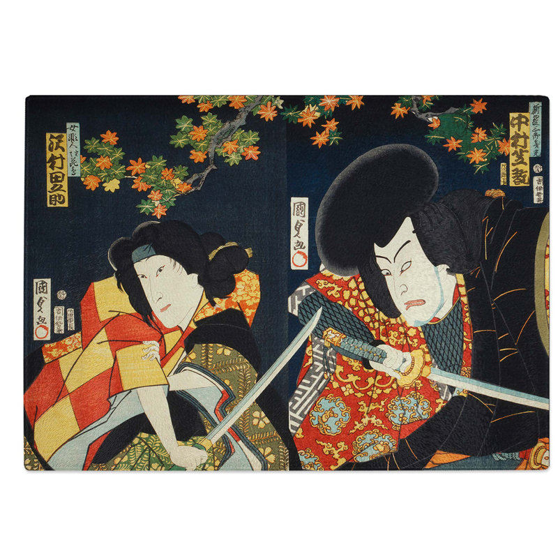 Tempered Glass Two Actors With Samurai Swords by Toyohara Kunichika Chopping Board, 39 cm W x 28.5 cm L