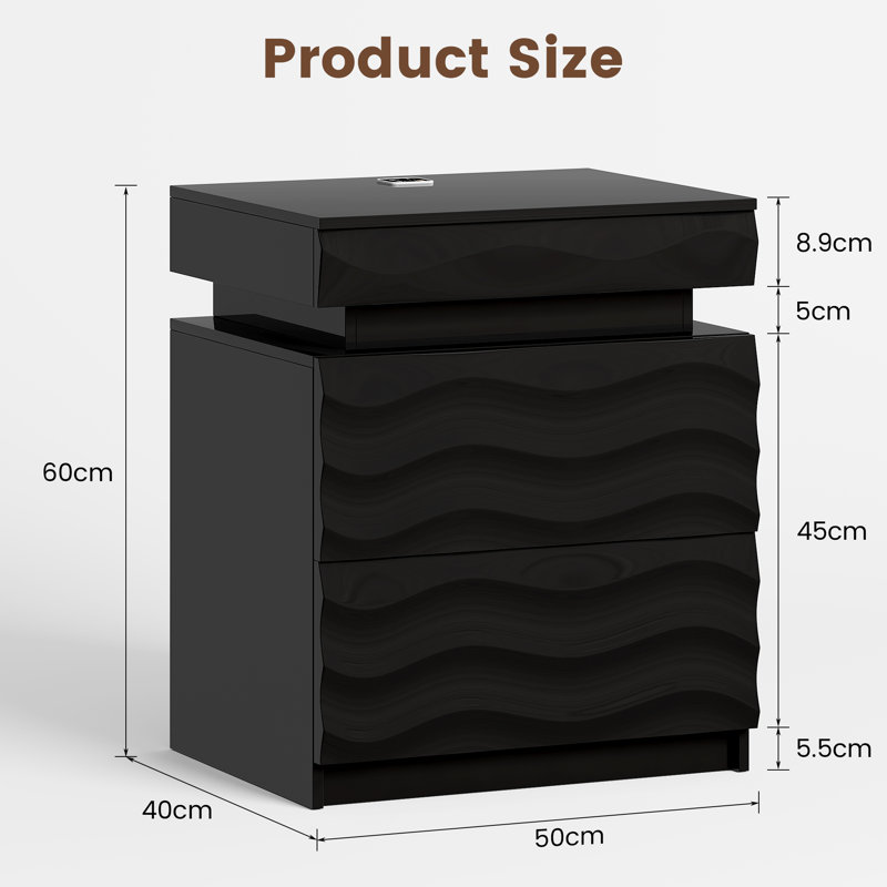 Bedside Table with Hidden Storage and Motion Sensor LED Light, Black