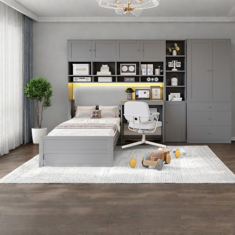 Lit plateforme spacieux en bois moderne avec rangement et bureau