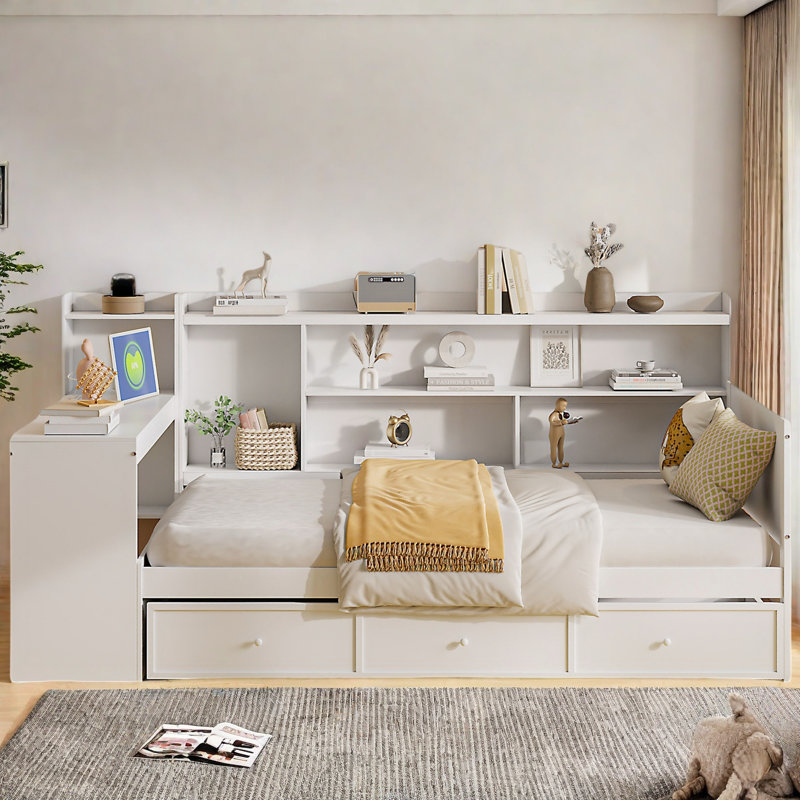 Lit de jour en bois avec 3 tiroirs, ports USB et bureau , Blanc