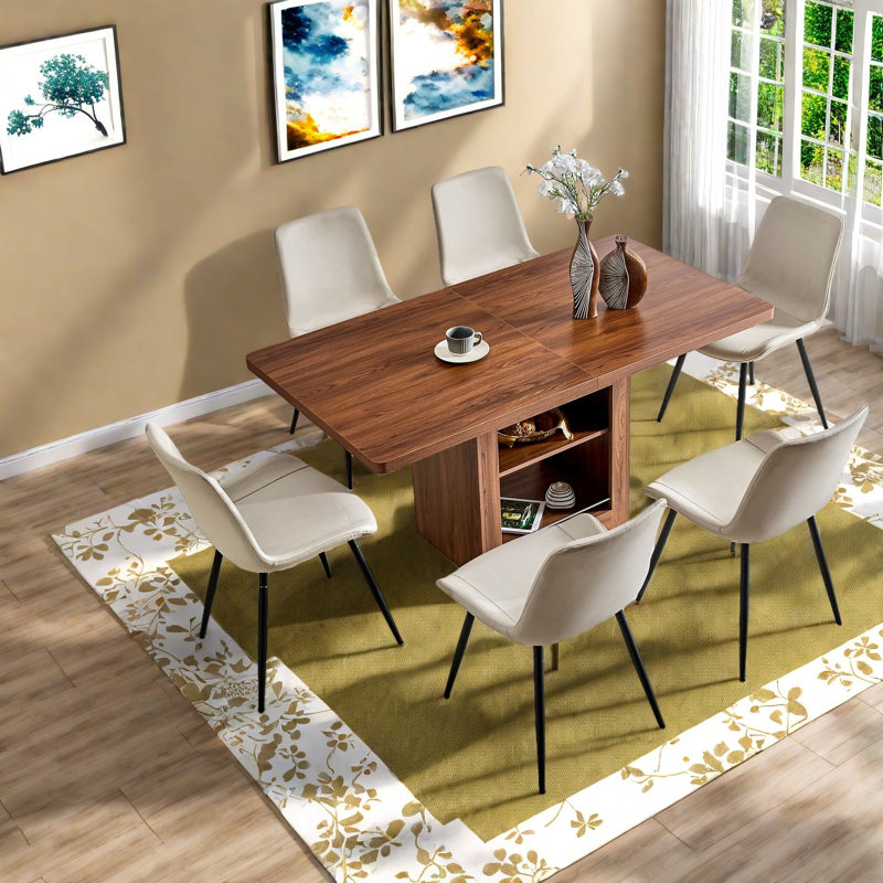 Ensemble de table de salle à manger extensible en noyer avec rangement, conception moderne pour la famille