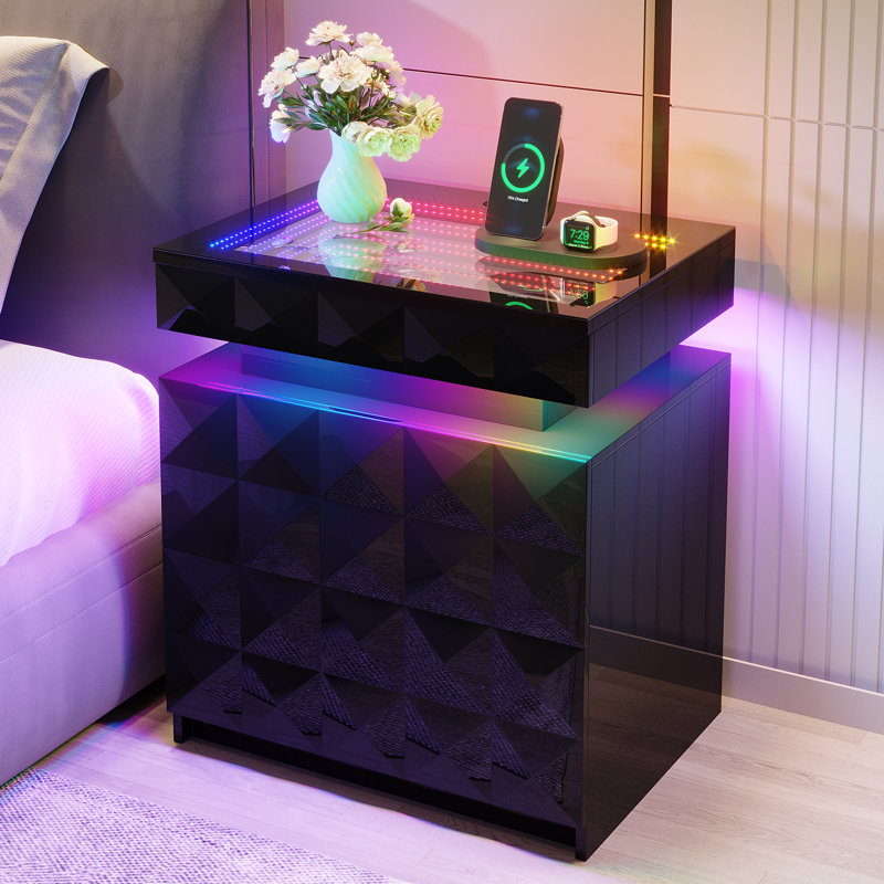 2-Drawer Nightstand with Adjustable RGB Light and Human Body Detection,Fashionable Mirror Visual Design Bedside Table with Charging Station