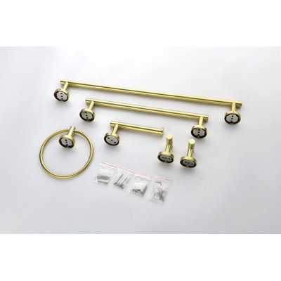 6-Pieces Brushed Gold Bathroom Hardware Set SUS304 Stainless Steel Round Wall Mounted Includes Hand Towel Bar,Toilet Paper Holder,Robe Towel Hooks,Bathroom Accessories Kit