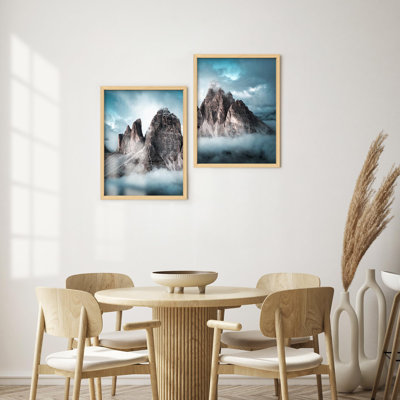 Art mural encadré, paysage de montagne escarpé avec horizon nuageux et brouillard, illustration de nature décorative pour le salon, la chambre à coucher, le bureau