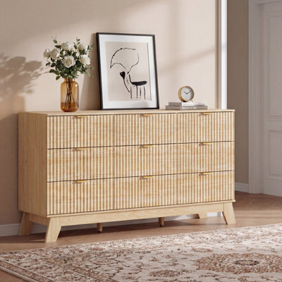 Fluted 9-Drawer Dresser 57''W Wood Wide Chest Of Drawers With Metal Handle, Adjustable Feet
