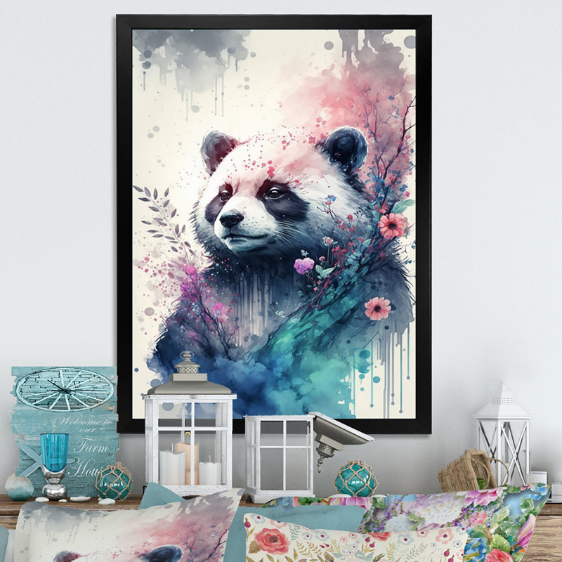 Mignon panda floral - peinture sur toile, Cadre photo noir