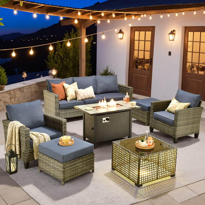 Allcot 5 - Person Outdoor Conversation Set, Wicker Patio Sofa Set with Lighted Coffee Table and Cushions, Black