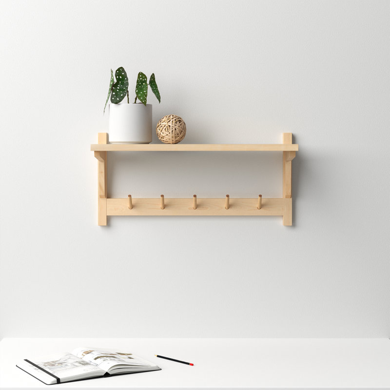 Kamini Poplar Floating Shelf with Hooks, Natural