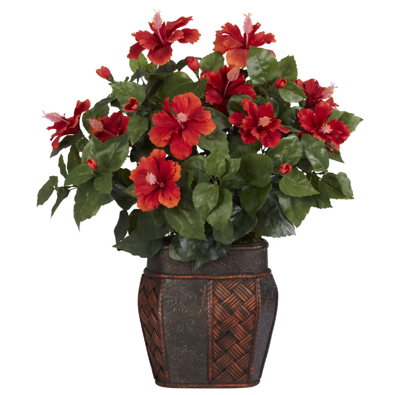 Red Silk Hibiscus with Vase 30" Tabletop Decor
