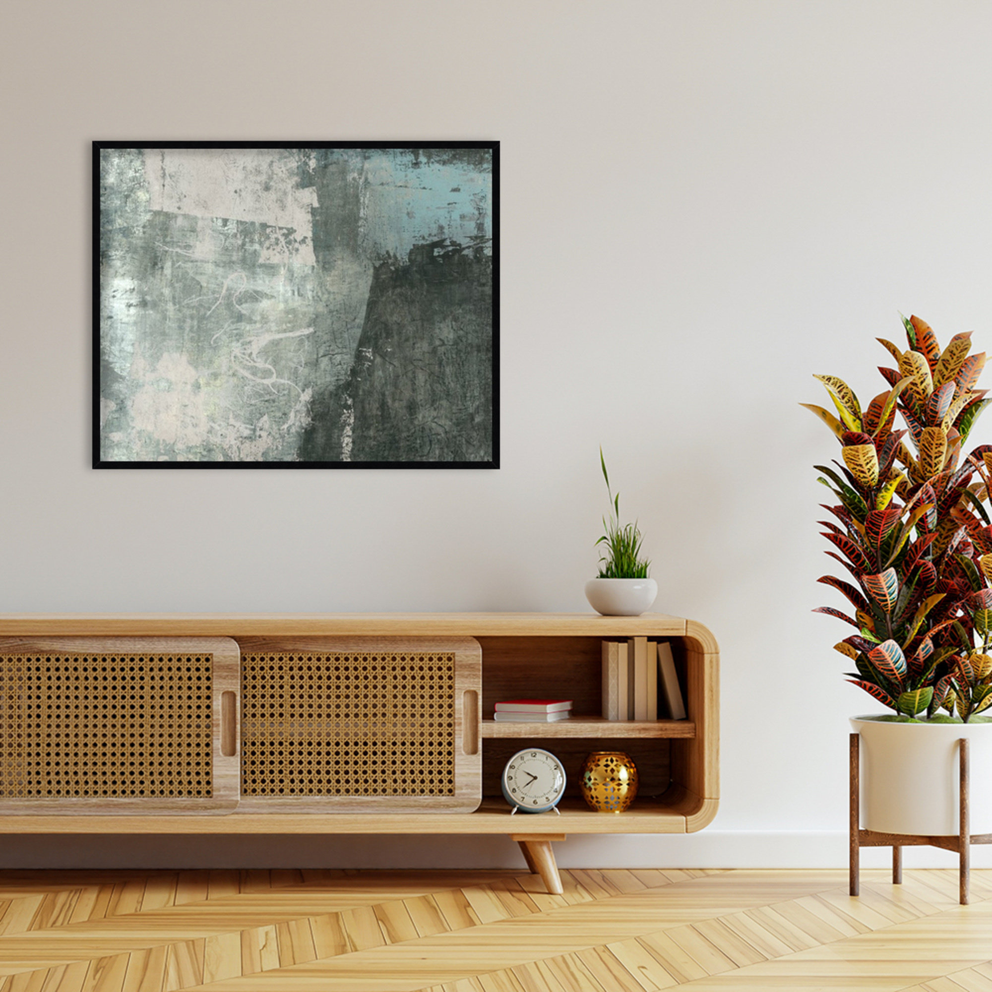 Black and Grey and Blue I by Fresno Wood Framed Wall Art Print, 33" H x 41" W, Black
