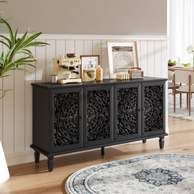 60" Antique Buffet Cabinet With Floral Carvings With Solid Wood Legs&Antique Brass Handles&Adjustable Shelves by Fleur De Lis Living