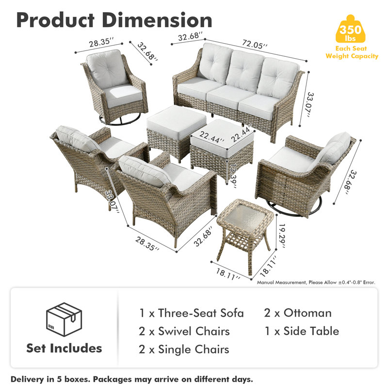 Ensemble de conversation d'extérieur en osier pour 9 personnes avec coussins et chaises berçantes pivotantes Tommy, Blanc